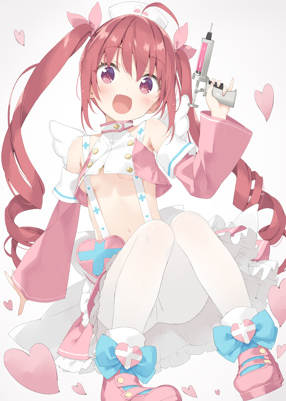 1girl :d ahoge angel_wings arm_up armpit_crease bangs bare_shoulders blue_bow blush bow breasts crop_top cross_print crotch_seam curly_hair detached_sleeves dot_nose eyebrows_visible_through_hair eyes_visible_through_hair fake_wings fang floating_hair footwear_bow frills full_body grey_background hair_between_eyes hair_ribbon hat hazuki_watora head_tilt heart heart_print high_collar highres holding holding_syringe kani_biimu knees_together_feet_apart knees_up long_hair long_sleeves looking_at_viewer midriff miniskirt muted_color navel nurse nurse_cap open_mouth original pantyhose petticoat pink_footwear pink_ribbon pink_skirt pink_sleeves pleated_skirt print_headwear purple_eyes red_hair revealing_clothes ribbon ringlets shiny shiny_hair shiny_skin shoes sidelocks simple_background skin_fang skirt sleeveless small_breasts smile solo stomach suspender_skirt suspenders syringe syringe_gun twintails underboob upskirt very_long_hair vignetting white_headwear white_legwear white_wings wide_sleeves wings wrist_extended zipper zipper_pull_tab