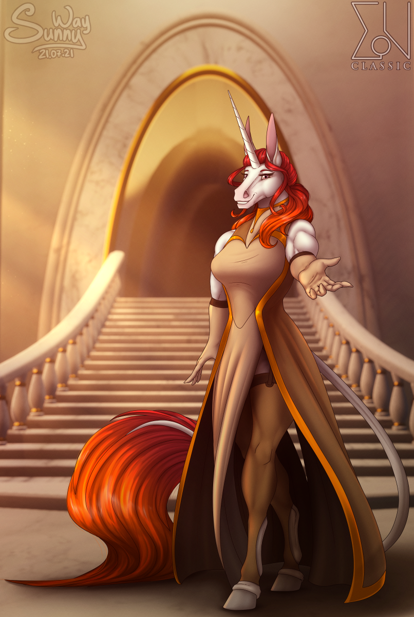 alacorna anthro celestin clothed clothing digital_drawing_(artwork) digital_media_(artwork) dress equid equine equis_universe exclusive female hi_res horn horse kelesta mammal muscular muscular_anthro muscular_female patreon patreon_artist patreon_link smile solo solo_focus sunny_way text unicorn unicorn_horn url welcome