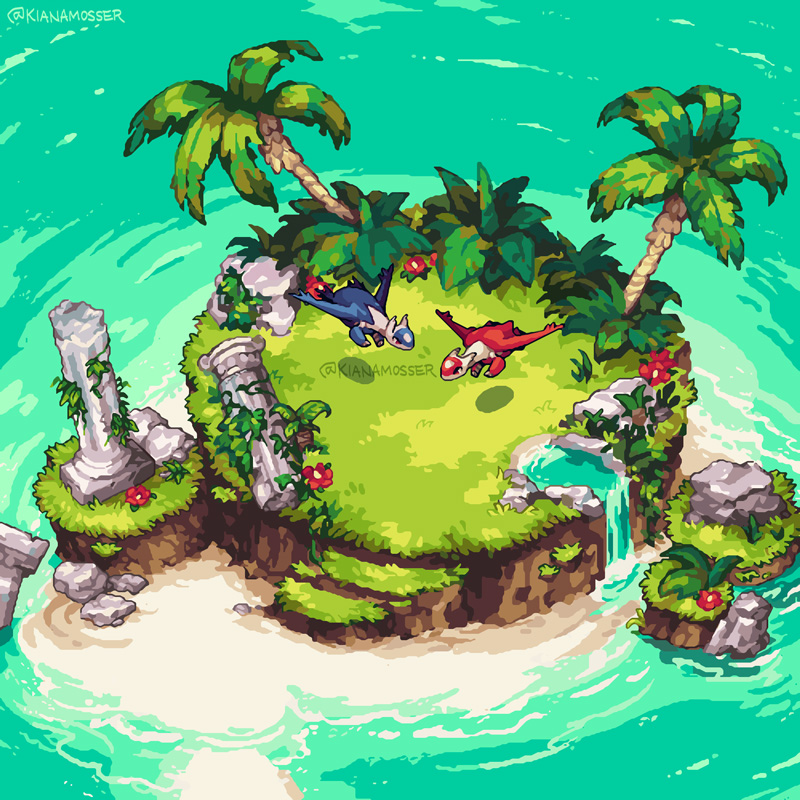 beach english_commentary flower fushigi_no_dungeon grass island kianamosser latias latios no_humans ocean outdoors palm_tree pillar pokemon pokemon_(creature) pokemon_(game) pokemon_mystery_dungeon red_eyes red_flower tree twitter_username wings