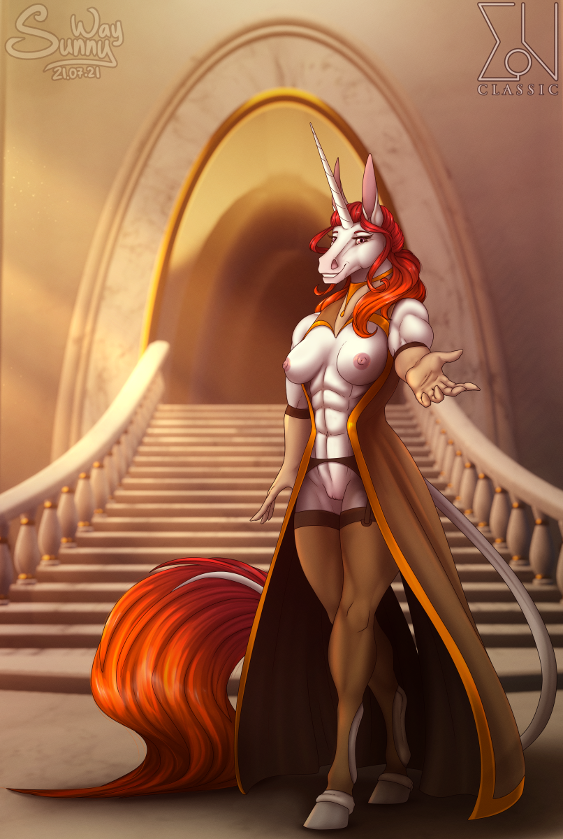 abs alacorna anthro breasts celestin clothed clothing digital_drawing_(artwork) digital_media_(artwork) dress equid equine equis_universe exclusive female genitals hi_res horn horse kelesta mammal muscular muscular_anthro muscular_female nipples nude patreon patreon_artist patreon_link pussy smile solo solo_focus sunny_way text unicorn unicorn_horn url welcome
