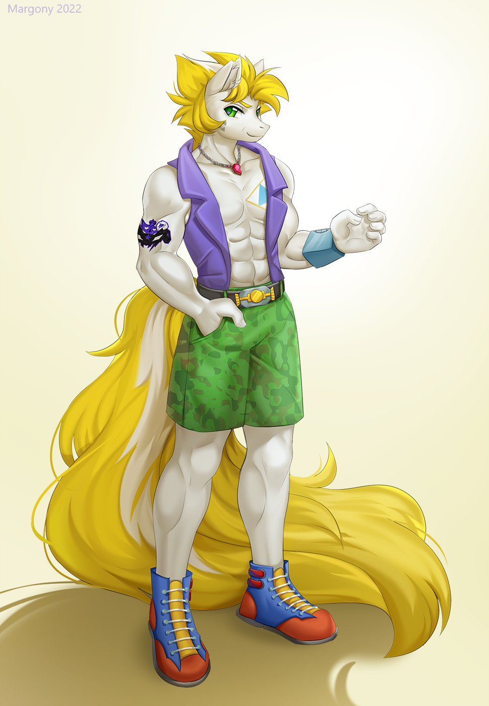 2022 anthro bottomwear clothing earth_pony equid equine fan_character footwear green_bottomwear green_clothing green_eyes green_shorts hasbro hi_res horse male mammal margony muscular muscular_anthro muscular_male my_little_pony plantigrade pony shoes shorts simple_background smile solo topwear vest white_background white_body