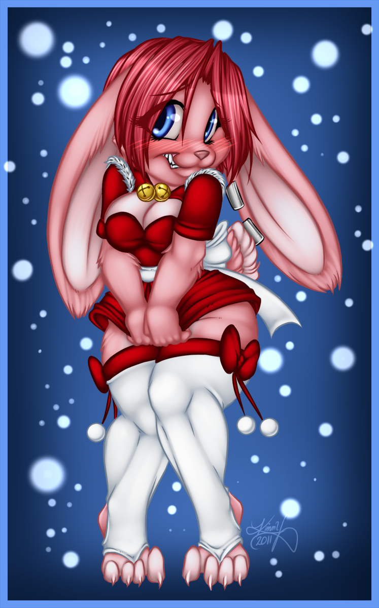 2011 anthro bell blue_eyes blush blush_lines bottomwear bottomwear_pull breasts christmas claws cleavage clenched_teeth clothed clothing clothing_pull ear_piercing ears_back ears_down female firefly8083 fran_cervic&eacute; fur hair head_turned hi_res holidays lagomorph legwear leporid looking_aside mammal piercing pink_body pink_fur pink_hair pivoted_ears pose rabbit red_clothing ribbons skirt skirt_pull solo standing stockings teeth