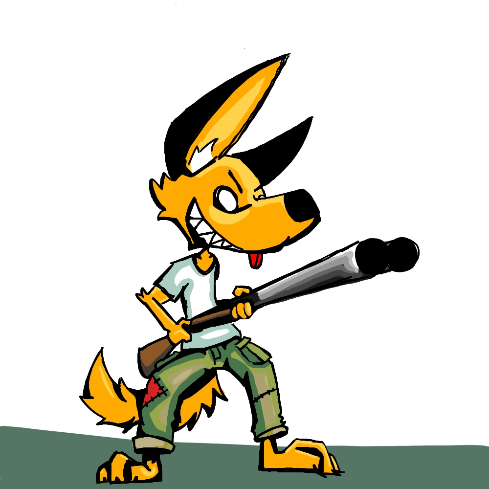 anthro canid canine canis clothing domestic_dog gun jason_(disambiguation) male mammal other ranged_weapon shaded sharp_teeth simple_background solo teeth tongue tongue_out toony weapon white_background yellow_body