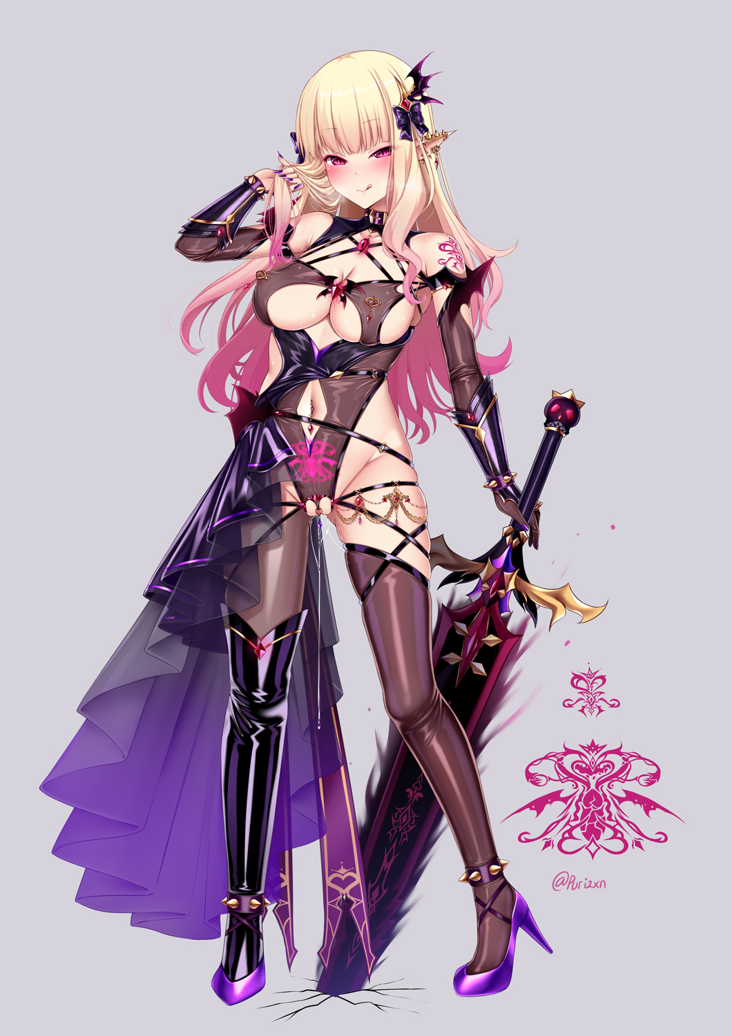 1girl arm_at_side asymmetrical_legwear blonde_hair bow breasts cleavage clitoris_piercing clothing_cutout collar corruption dark_persona dress ear_piercing glowing glowing_weapon gradient_hair grey_background hair_bow hair_ornament hand_up high_heels highres holding holding_sword holding_weapon large_breasts licking_lips long_hair looking_at_viewer mismatched_legwear multicolored_hair navel navel_piercing nipple_piercing piercing pink_hair pointy_ears princess_connect! puririn pussy_juice pussy_juice_trail red_eyes revealing_clothes saren_(princess_connect!) simple_background solo standing sword thighhighs tongue tongue_out twitter_username weapon