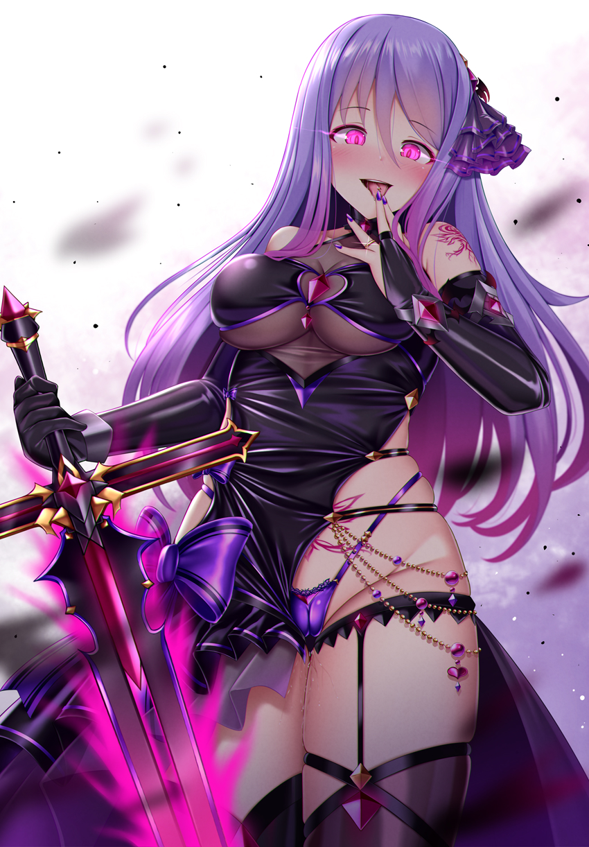 1girl breasts cameltoe commentary_request corruption dark_persona dress finger_to_tongue fingerless_gloves garter_straps gloves glowing glowing_weapon hair_ornament hand_up highleg highleg_panties highres holding holding_sword holding_weapon long_hair looking_at_viewer medium_breasts open_mouth panties princess_connect! pubic_tattoo puririn purple_eyes purple_hair revealing_clothes see-through shizuru_(princess_connect!) solo sword tattoo thighhighs tongue tongue_out underwear weapon