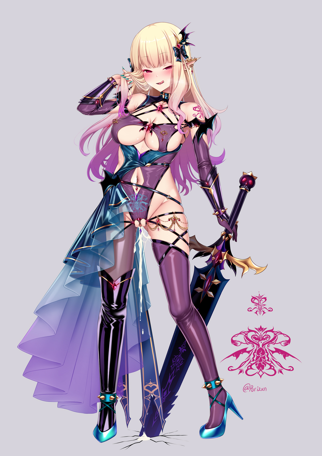 1girl arm_at_side asymmetrical_legwear blonde_hair bow breasts cleavage clitoris_piercing clothing_cutout collar corruption cum dark_persona dress ear_piercing gradient_hair grey_background hair_bow hair_ornament hand_up high_heels highres holding holding_sword holding_weapon large_breasts licking_lips long_hair looking_at_viewer mismatched_legwear multicolored_hair navel navel_piercing nipple_piercing piercing pointy_ears princess_connect! puririn purple_hair pussy_juice red_eyes revealing_clothes saren_(princess_connect!) simple_background solo standing sword thighhighs tongue tongue_out twitter_username weapon