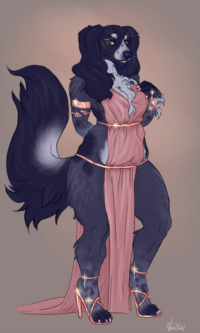 anthro armband bird_dog blue_body blue_fur bracelet brown_eyes canid canine canis clothing curvy_figure domestic_dog dress evening_gown female fluffy fluffy_tail fur gradient_background high_heels hunting_dog jewelry mammal mature_female painted_claws simple_background solo spaniel vera_(artist) voluptuous whiskers wide_hips