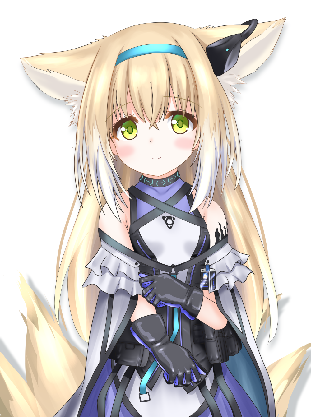 1girl animal_ear_fluff animal_ears arknights bangs bare_shoulders black_gloves blonde_hair blue_hairband blush breasts cloak closed_mouth commentary_request covered_collarbone eyebrows_visible_through_hair fox_ears fox_girl fox_tail gloves green_eyes hair_between_eyes hairband highres kitsune langley1000 long_hair looking_at_viewer purple_shirt purple_skirt revision shirt simple_background skirt sleeveless sleeveless_shirt small_breasts smile solo suzuran_(arknights) tail very_long_hair white_background white_cloak white_shirt