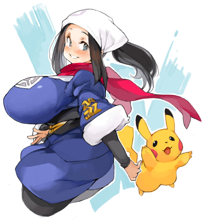 1girl akari_(pokemon) black_undershirt blue_hair breasts floating_scarf galaxy_expedition_team_survey_corps_uniform head_scarf huge_breasts pikachu pokemon pokemon_(creature) pokemon_(game) pokemon_legends:_arceus red_scarf sachito scarf simple_background tail white_background