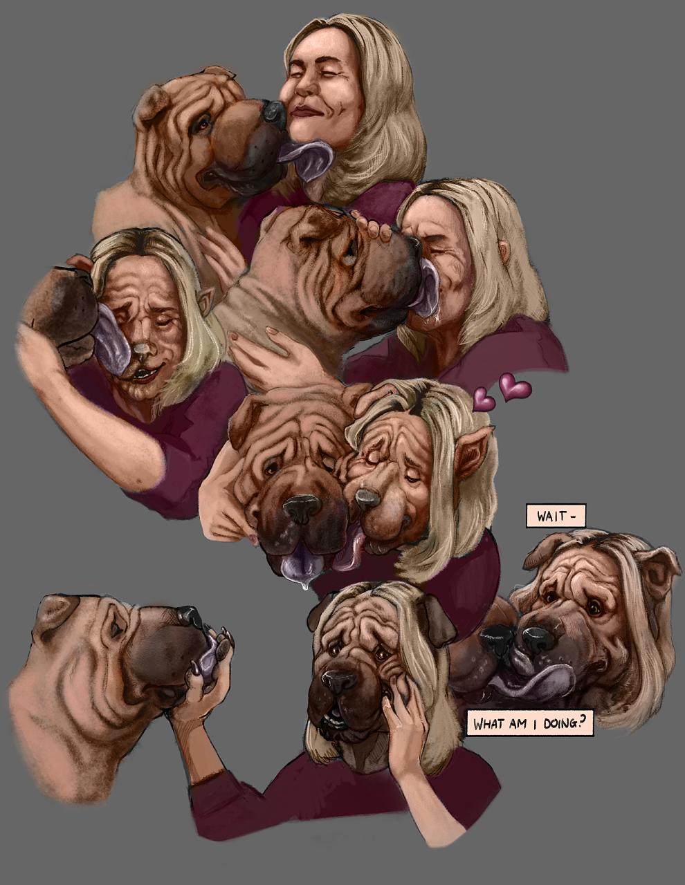 anthro anthro_on_feral bestiality canid canine canis confusion domestic_dog duo face_lick female feral french_kissing hi_res humanoid kissing licking male male/female mammal tongue tongue_out transformation usedusername wrinkled_skin