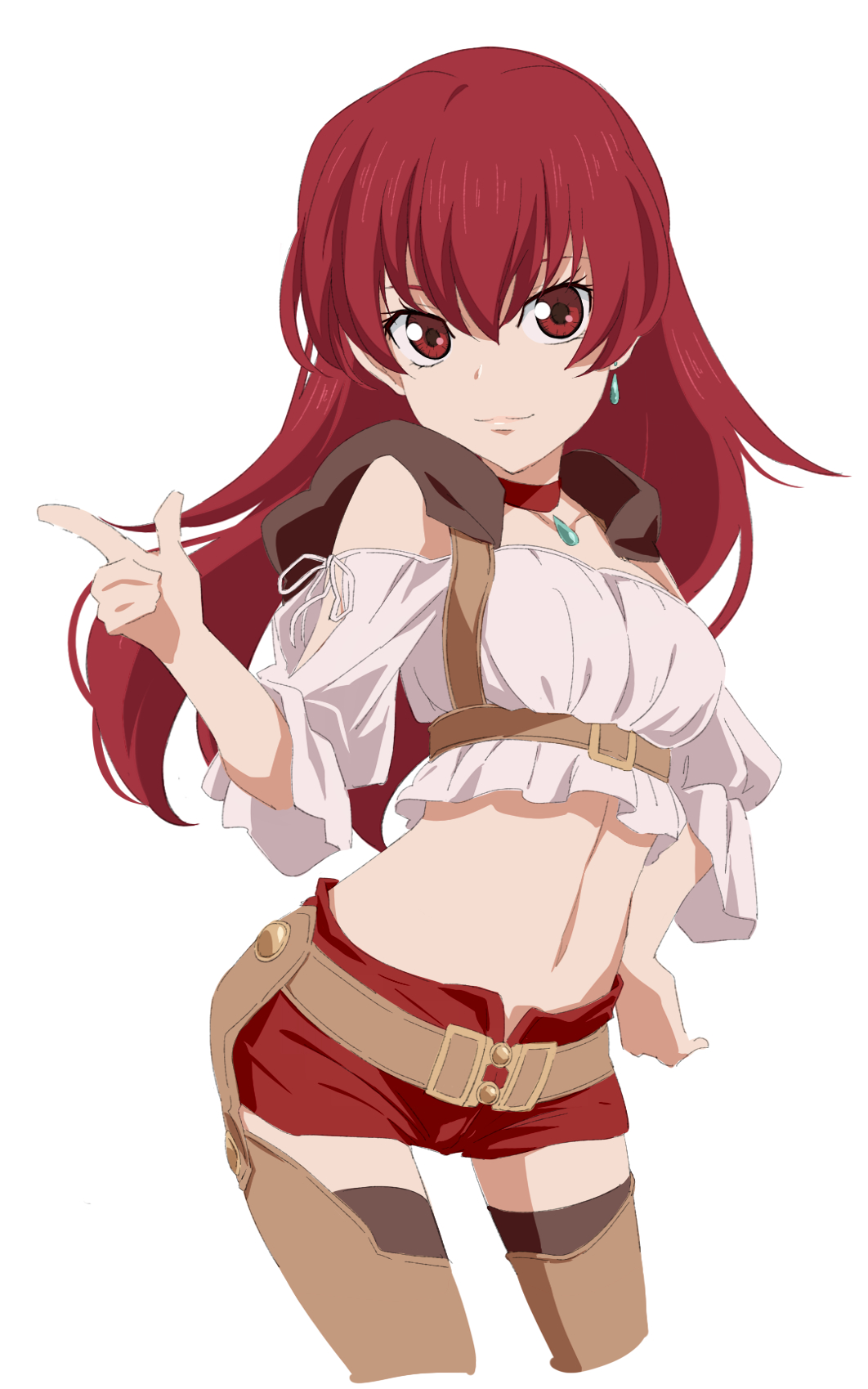 1girl bangs brown_legwear character_request choker closed_mouth collarbone crop_top cropped_legs earrings hair_between_eyes hand_on_hip highres index_finger_raised jewelry long_hair looking_at_viewer midriff navel off-shoulder_shirt off_shoulder pendant pochi-a red_choker red_eyes red_hair red_shorts shiny shiny_hair shirt short_shorts shorts simple_background sketch smile solo standing stomach straight_hair tales_of_(series) white_background white_shirt