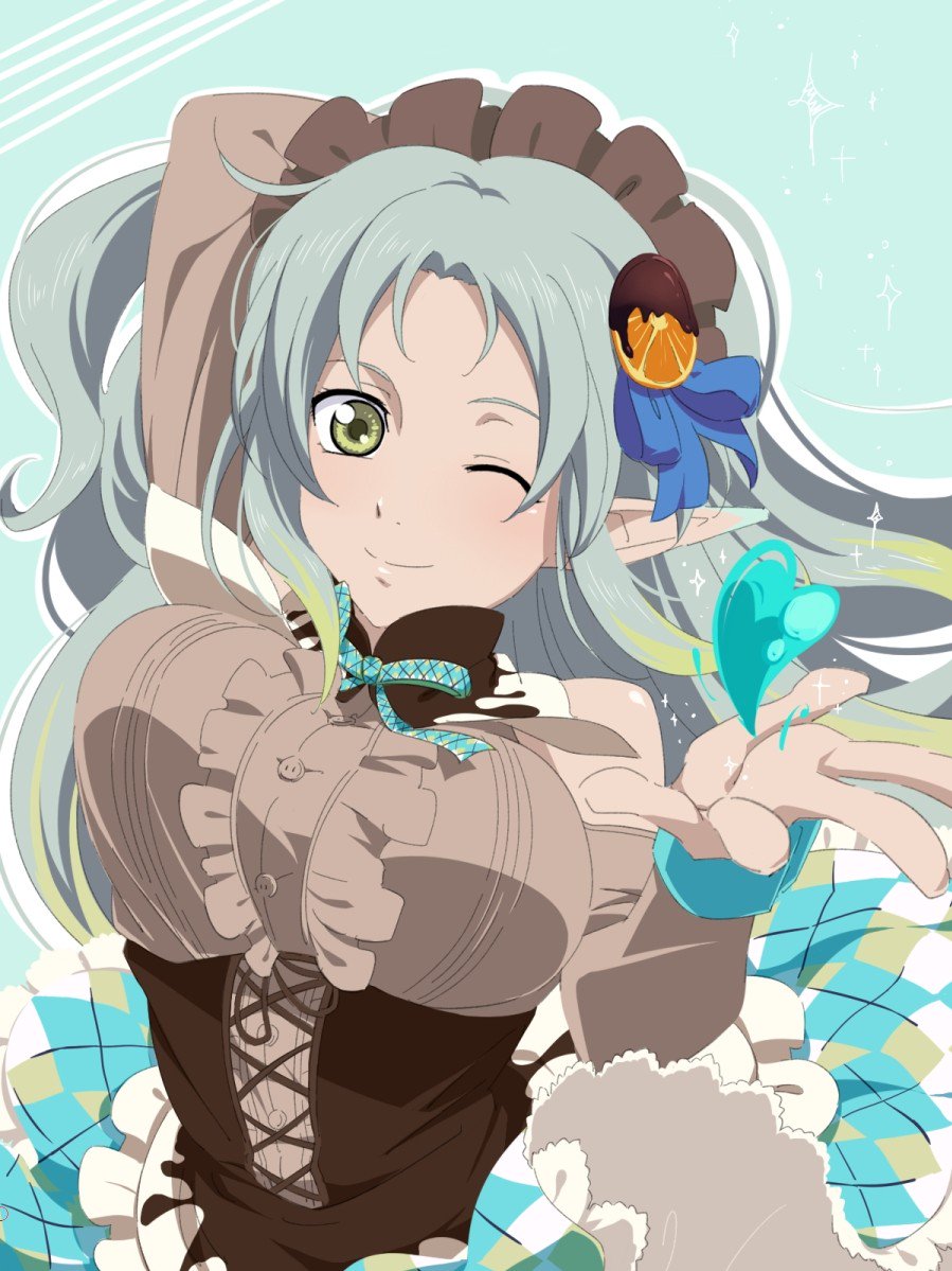 1girl ;) arm_up blue_background blue_bow blue_ribbon bouncing_breasts bow breasts character_request dress_shirt floating_hair green_eyes grey_shirt hair_bow long_hair long_sleeves maid_headdress medium_breasts neck_ribbon one_eye_closed pochi-a pointy_ears ribbon shiny shiny_hair shirt silver_hair sketch smile solo tales_of_(series) underbust upper_body very_long_hair