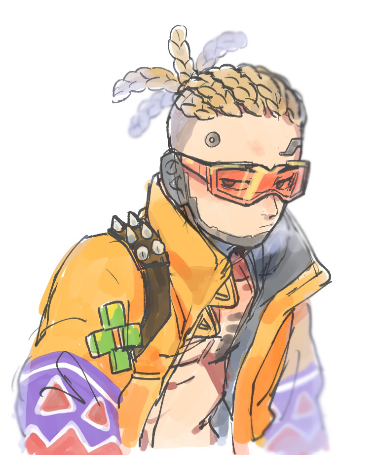 1boy apex_legends black_eyes blonde_hair collarbone cornrows crypto_(apex_legends) husagin hype_beast_crypto jacket leaning_forward looking_to_the_side male_focus official_alternate_costume orange_jacket solo spikes sunglasses tied_hair undercut upper_body white_background