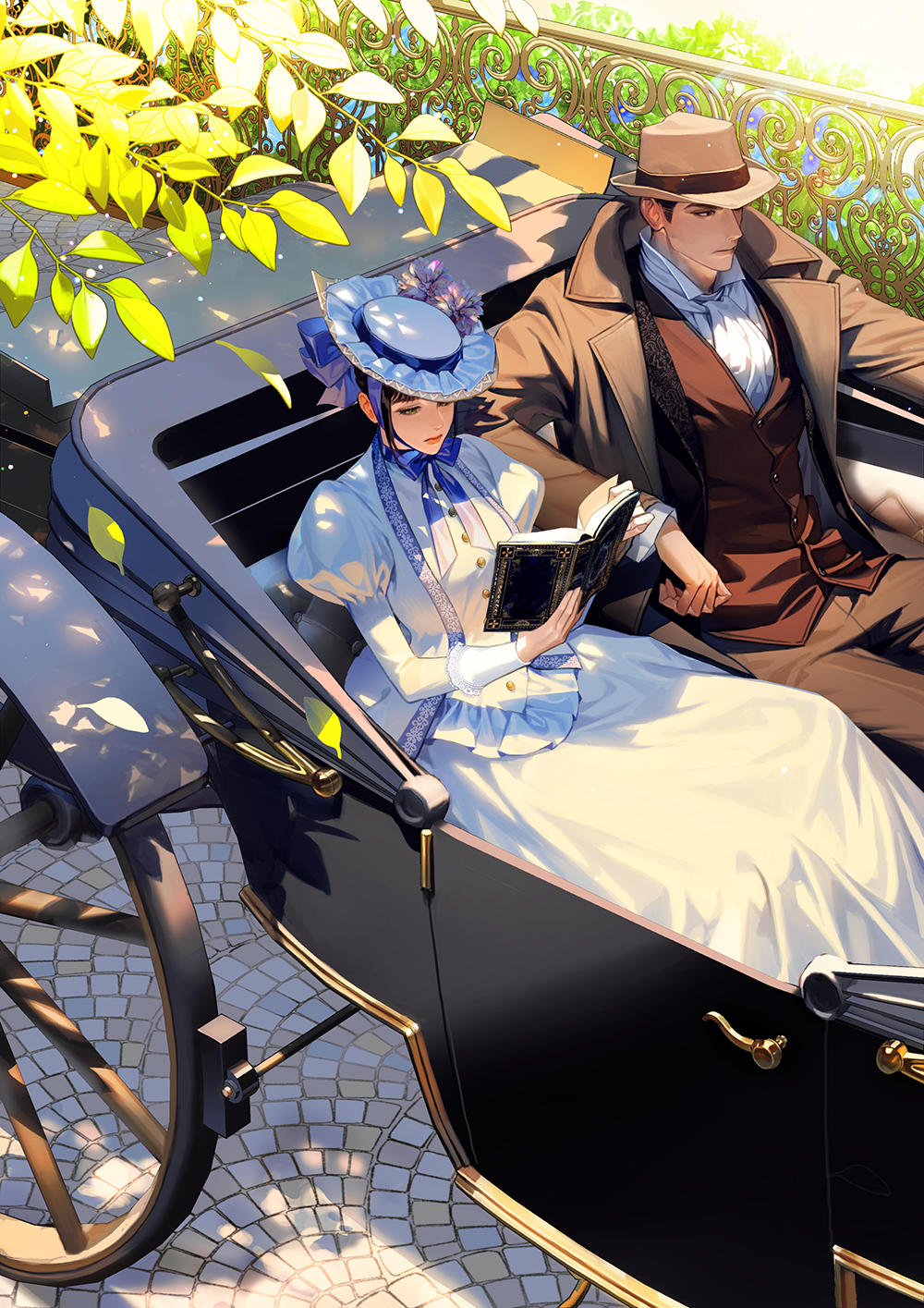 1boy 1girl black_eyes black_hair book carriage character_request coat copyright_request dress fedora hat highres holding holding_book jacket on_(onon2659) open_clothes open_coat pants puffy_sleeves reading shirt short_hair sitting victorian wheel