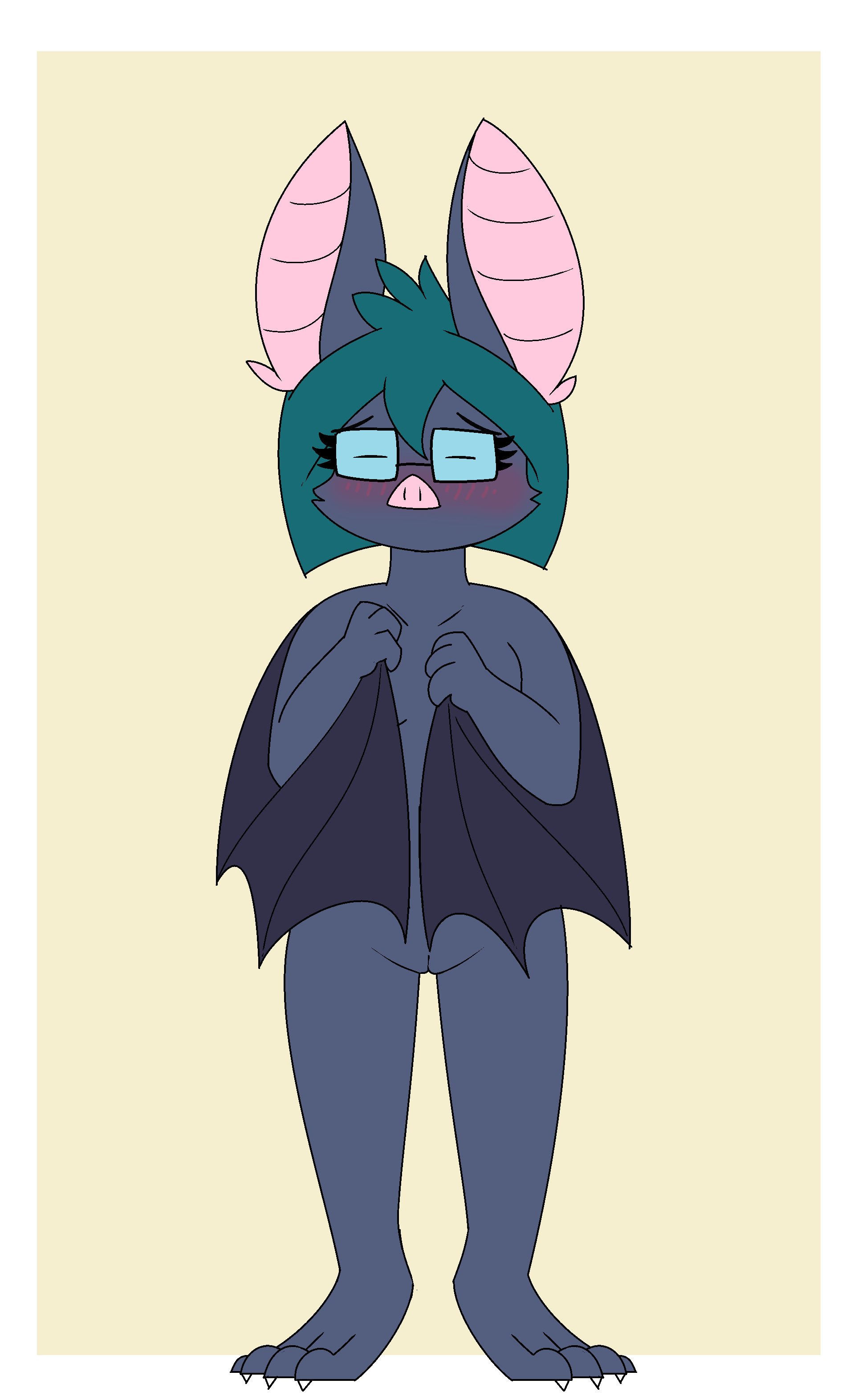 absurd_res anthro blush chiropteran eyewear female genitals glasses hi_res mammal microchiropteran nude pencil_bolt phyllostomid pussy solo sonarine_(pencil_bolt) standing vampire_bat yangochiropteran