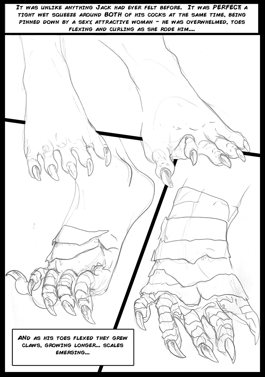 ambiguous_gender anthro arania armadillo_girdled_lizard claws comic english_text feet foot_focus girdled_lizard hi_res jack_(tcitw) lizard monochrome reptile scalie solo text the_cabin_in_the_woods_(arania) toe_claws transformation