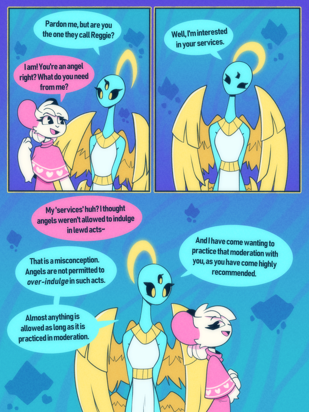 ambiguous_gender angel anthro clothing comic conditional_dnp dress duo halo hi_res mammal mouse murid murine reggie_(whygena) rodent whygena wings