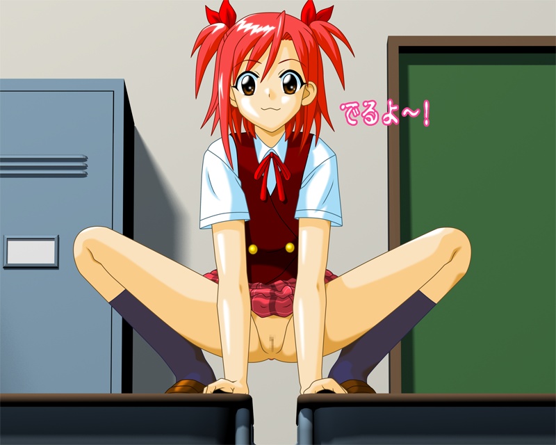 1girl :3 arm_support brown_eyes censored desk door female indoors legs looking_at_viewer mahou_sensei_negima mahou_sensei_negima! makie_sasaki no_panties plaid plaid_skirt pussy red_hair sasaki_makie school_uniform short_hair skirt skirt_lift smile socks solo squatting sweater_vest