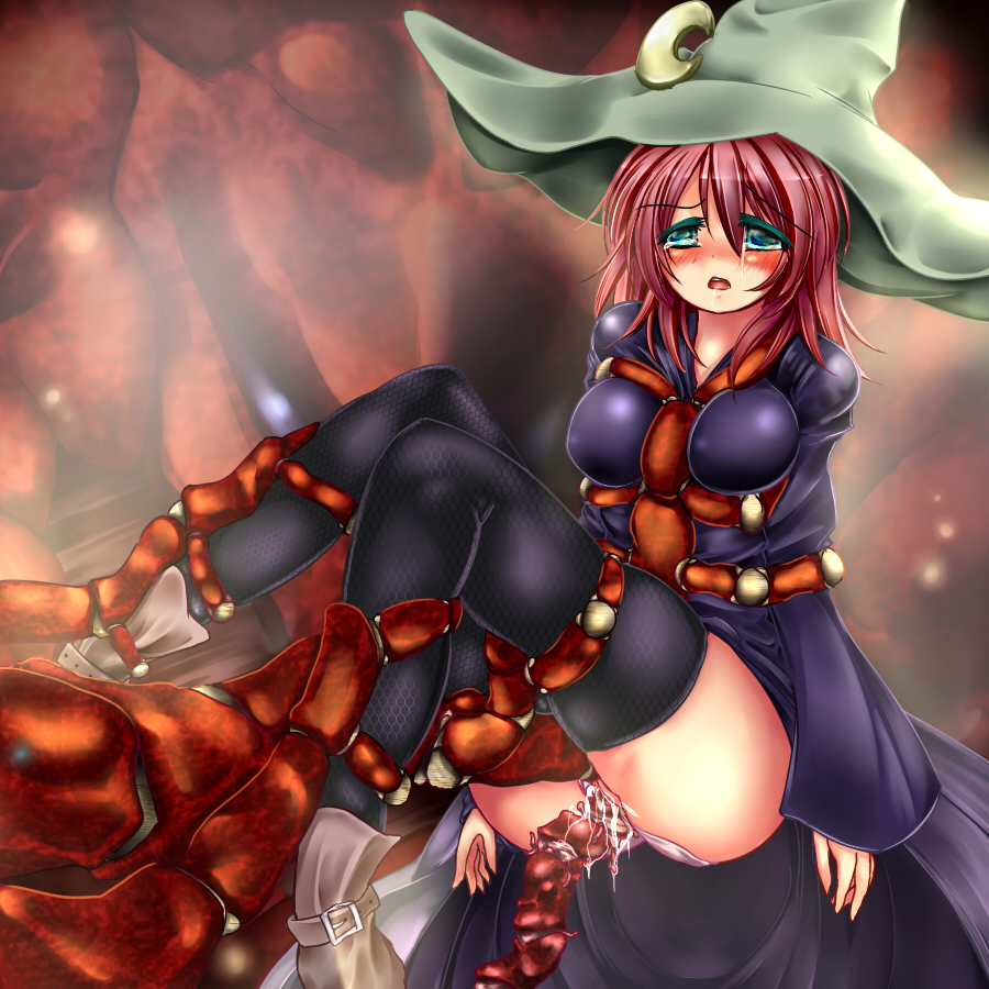 1girl bdsm black_mage blue_eyes blush bondage bound female final_fantasy final_fantasy_v hat lenna_charlotte_tycoon long_hair monikano open_mouth pink_hair pussy rape solo tentacle tentacle_rape thighhighs witch_hat