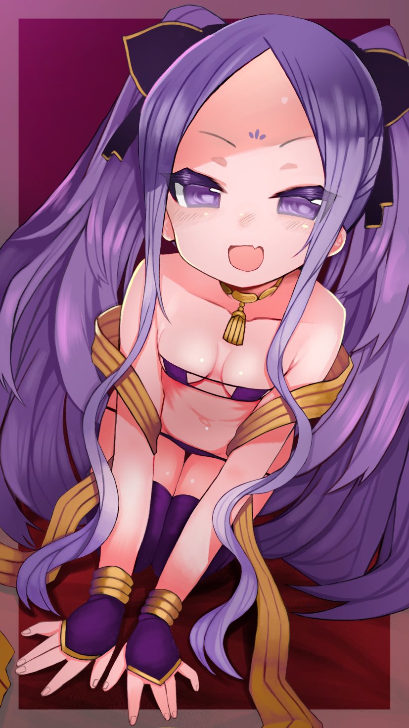 1girl bangs bare_shoulders bikini bow breasts eyepatch_bikini fate/grand_order fate_(series) forehead hair_bow highres izuoku jewelry long_hair looking_at_viewer neck_ring open_mouth parted_bangs purple_bikini purple_eyes purple_hair purple_legwear seiza sidelocks sitting small_breasts smile solo swimsuit thighhighs thighs twintails very_long_hair wu_zetian_(fate)