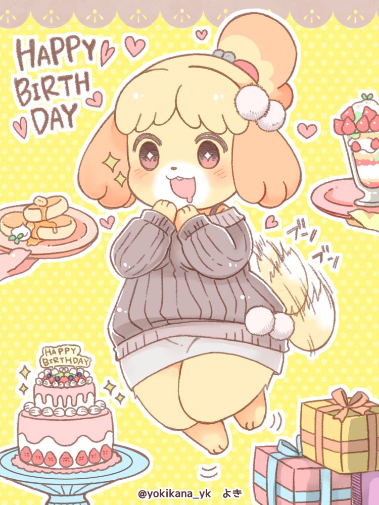 &lt;3 3_toes animal_crossing anthro birthday birthday_cake bodily_fluids bottomwear breasts cake canid canine canis clothed clothing dessert digital_media_(artwork) domestic_dog drooling english_text feet female fingers food fur gift hair holding_object isabelle_(animal_crossing) jumping mammal nintendo open_mouth pancake parfait_(dessert) saliva shih_tzu shirt simple_background skirt smile solo sweater tail_motion tailwag text toes tongue topwear toy_dog video_games yellow_body yellow_fur yokikana_yk