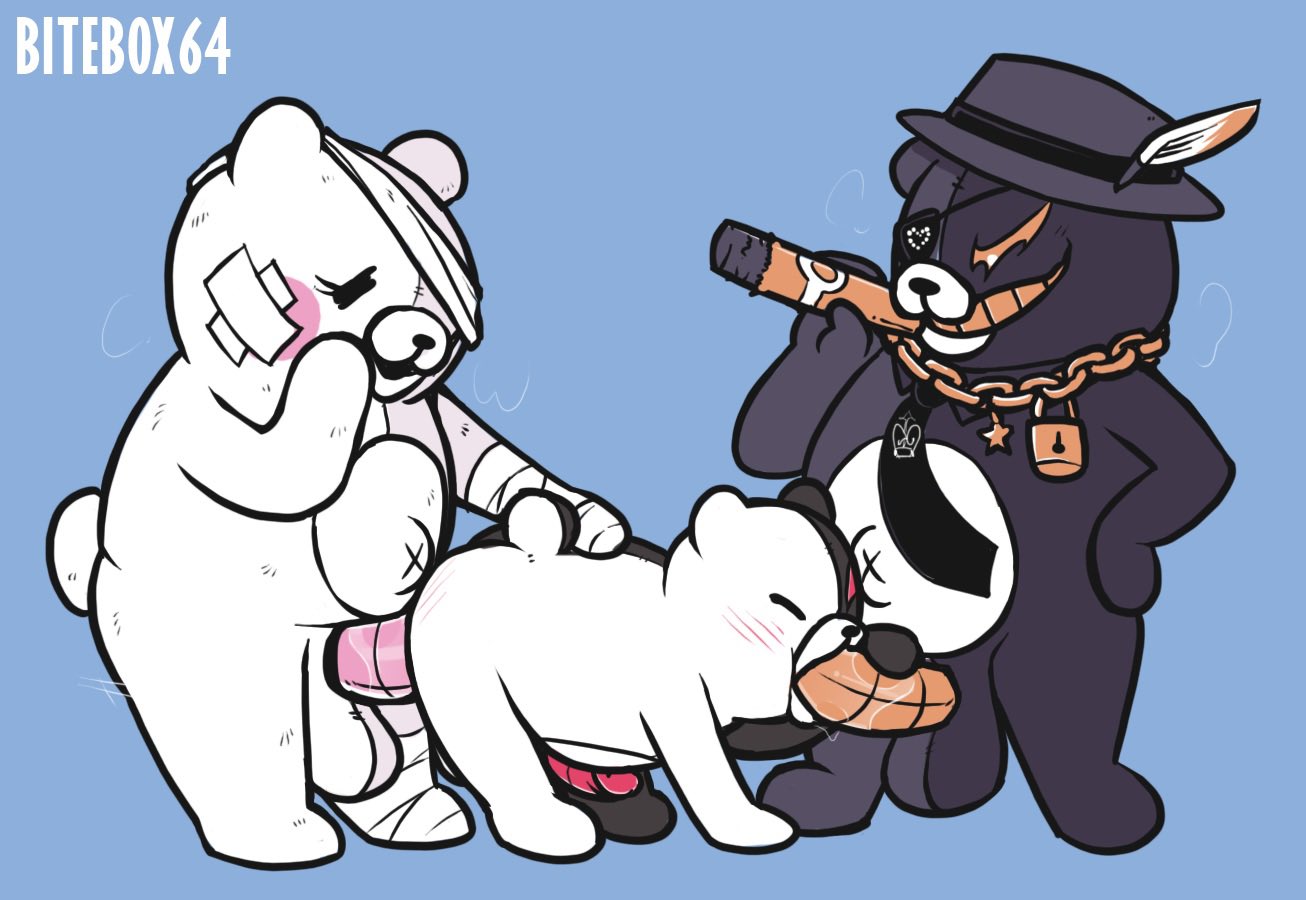 anthro bandage bitebox64 cigarette fellatio genitals group group_sex kurokuma machine male male/male mammal monokuma oral penile penis red_penis robot sex shirokuma_(danganronpa) simple_background spitroast threesome ursid watermark