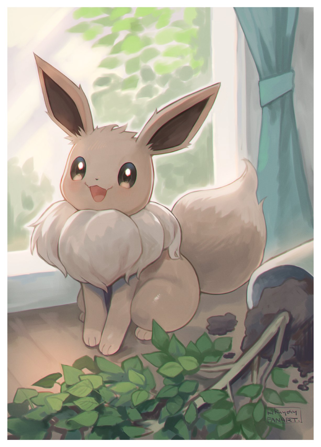 :d border brown_eyes commentary_request curtains eevee full_body highres indoors kikuyoshi_(tracco) no_humans open_mouth plant pokemon pokemon_(creature) potted_plant signature sitting smile soil solo spill toes tongue white_border wooden_floor