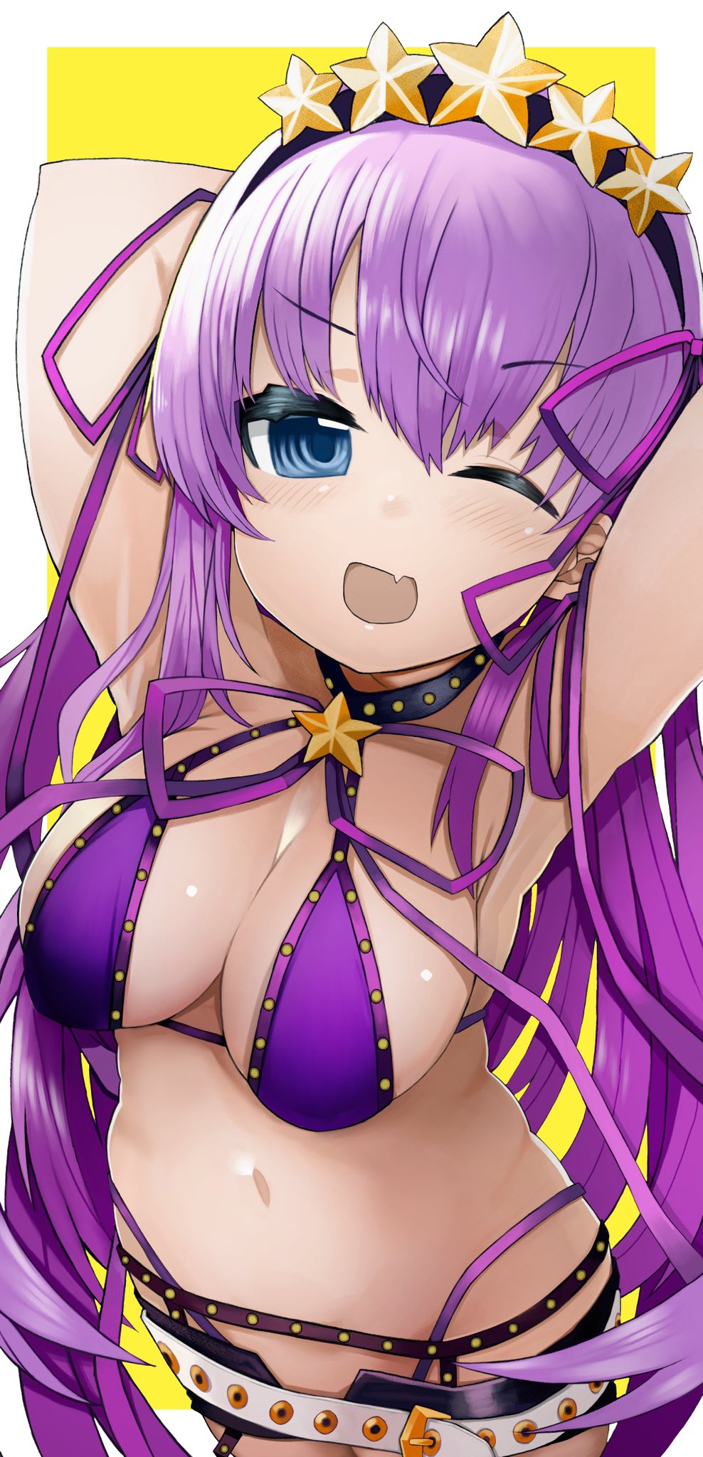 1girl armpits arms_behind_head arms_up bangs bare_shoulders bb_(fate) bb_(swimsuit_mooncancer)_(fate) bead_bracelet beads belt bikini black_garter_belt black_gloves black_shorts blush bracelet breasts cleavage collarbone fate/grand_order fate_(series) fingerless_gloves gloves hair_ornament hair_ribbon hairband highres izuoku jewelry large_breasts long_hair looking_at_viewer loose_belt micro_shorts navel neck_ribbon one_eye_closed open_mouth purple_bikini purple_eyes purple_hair ribbon shorts smile star_(symbol) star_hair_ornament studded_garter_belt swimsuit thighs very_long_hair white_belt