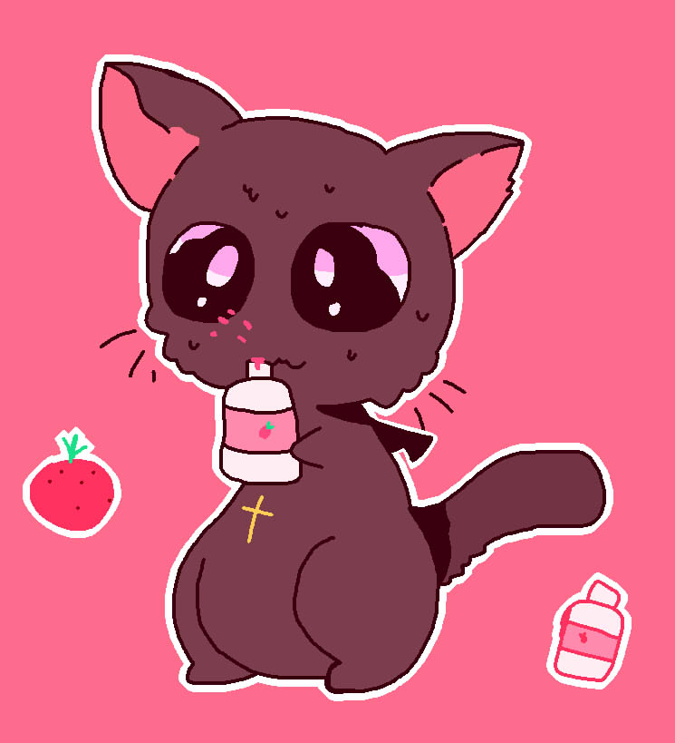 :3 anthro bandidou big_eyes black_body black_fur cross domestic_cat felid feline felis food fruit fur ketchup liquid male mammal nyanpire nyanpire_(character) plant slightly_chubby smol strawberry vampire whiskers wings