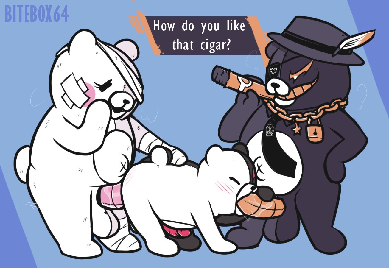 anthro bandage bitebox64 cigarette dialogue fellatio genitals group group_sex kurokuma machine male male/male mammal monokuma oral penile penis red_penis robot sex shirokuma_(danganronpa) simple_background spitroast threesome ursid watermark