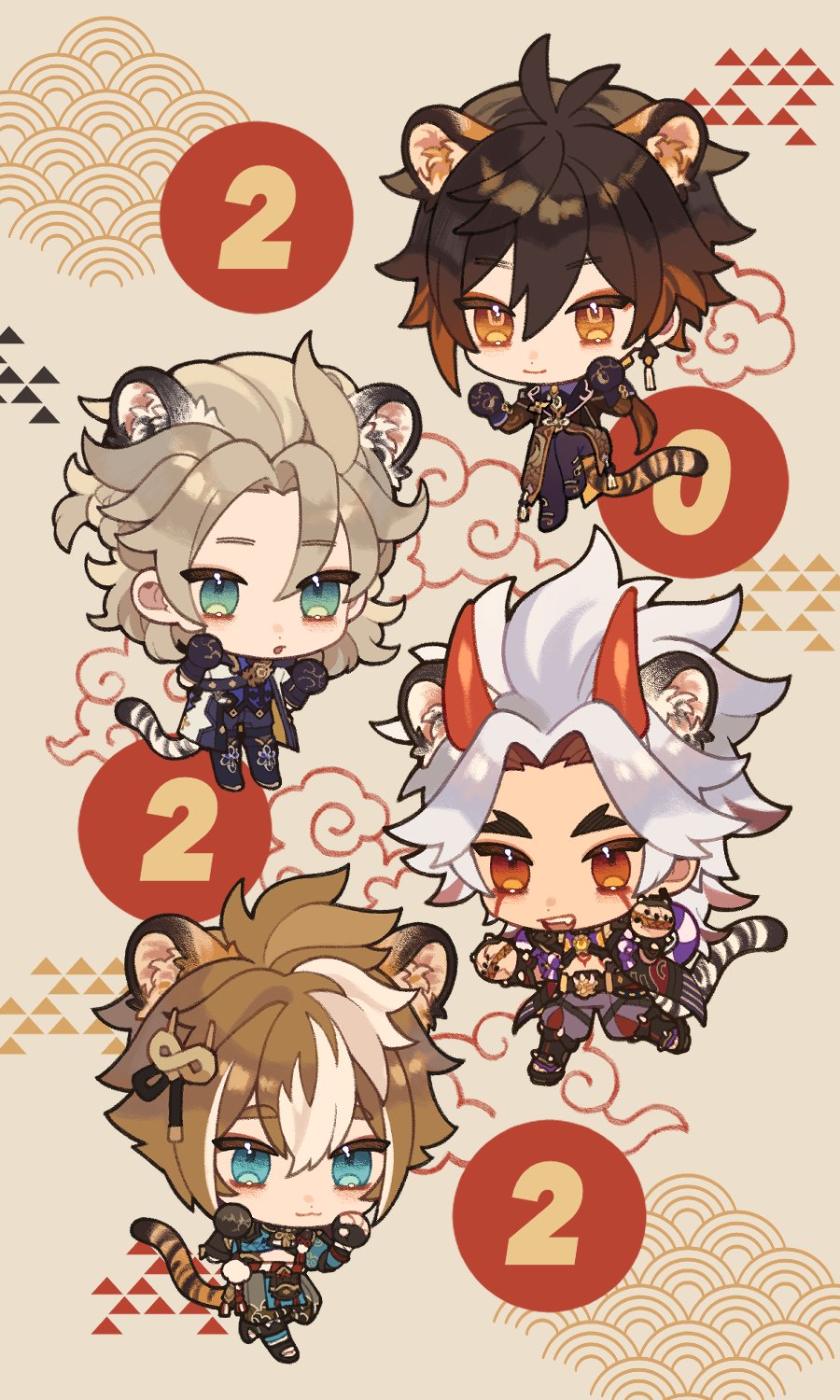 2022 4boys ahoge albedo_(genshin_impact) animal_ears arataki_itto armor bangs black_gloves blonde_hair blue_eyes body_markings bracelet braid brown_hair chibi chinese_new_year chinese_zodiac claw_pose closed_mouth cloud_print crop_top earrings eyebrows_visible_through_hair eyeshadow genshin_impact gloves gorou_(genshin_impact) hair_between_eyes hair_ornament highres horns japanese_clothes jewelry karakusa_(pattern) long_hair long_sleeves looking_at_viewer low_twintails makeup male_focus misu_025 multicolored_hair multiple_boys new_year oni oni_horns open_mouth orange_hair parted_bangs red_eyes red_eyeshadow seigaiha sidelocks single_earring smile spiked_bracelet spikes streaked_hair tail tassel tiger_ears tiger_tail twintails uroko_(pattern) white_hair year_of_the_tiger yellow_background yellow_eyes zhongli_(genshin_impact)