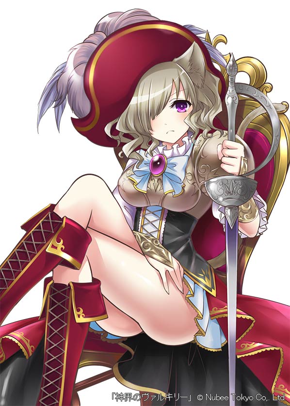 1girl animal_ears ass boots bow breasts cat_ears chair copyright_name crossed_legs dress hat holding holding_sword holding_weapon medium_hair official_art one_eye_covered purple_eyes rapier red_footwear shinkai_no_valkyrie simple_background sitting solo sword thighs weapon white_background white_bow yoshino35