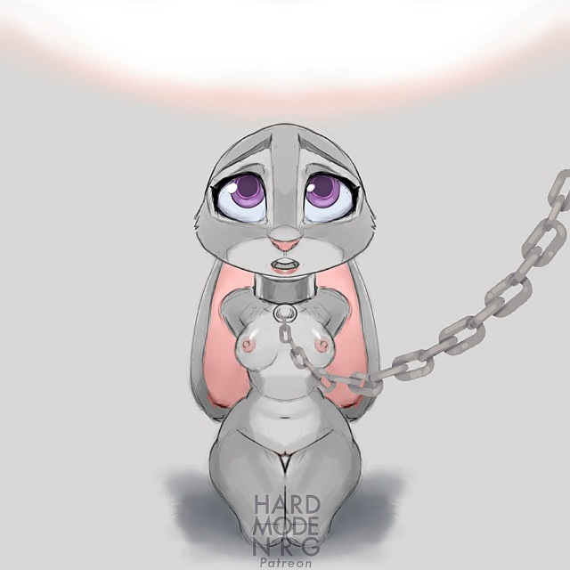 anthro areola bdsm bondage bound breasts chain collar disney ears_down eyebrows eyelashes female fur genitals grey_body grey_fur hands_behind_back hardmoden judy_hopps kneeling lagomorph leporid looking_at_viewer mammal metal_collar navel nipples nude pivoted_ears purple_eyes pussy rabbit solo submissive submissive_female thigh_gap zootopia