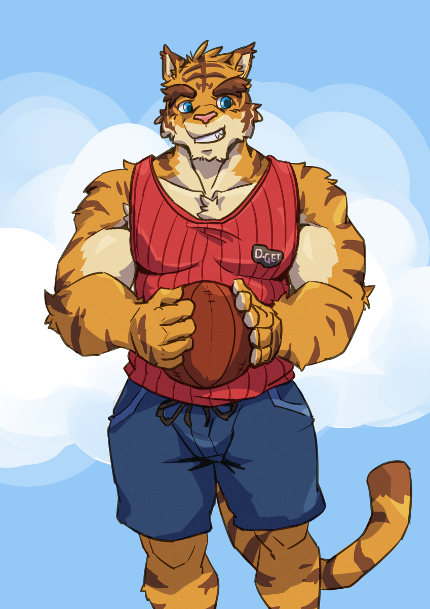 anthro ball big_muscles blue_background blue_bottomwear blue_clothing blue_eyes blue_pants bottomwear clothed clothing cloud felid football_(ball) hi_res male mammal morenatsu muscular pantherine pants shirt simple_background smile solo standing tank_top tiger topwear torahiko_(morenatsu) video_games visual_novel 馬賽克