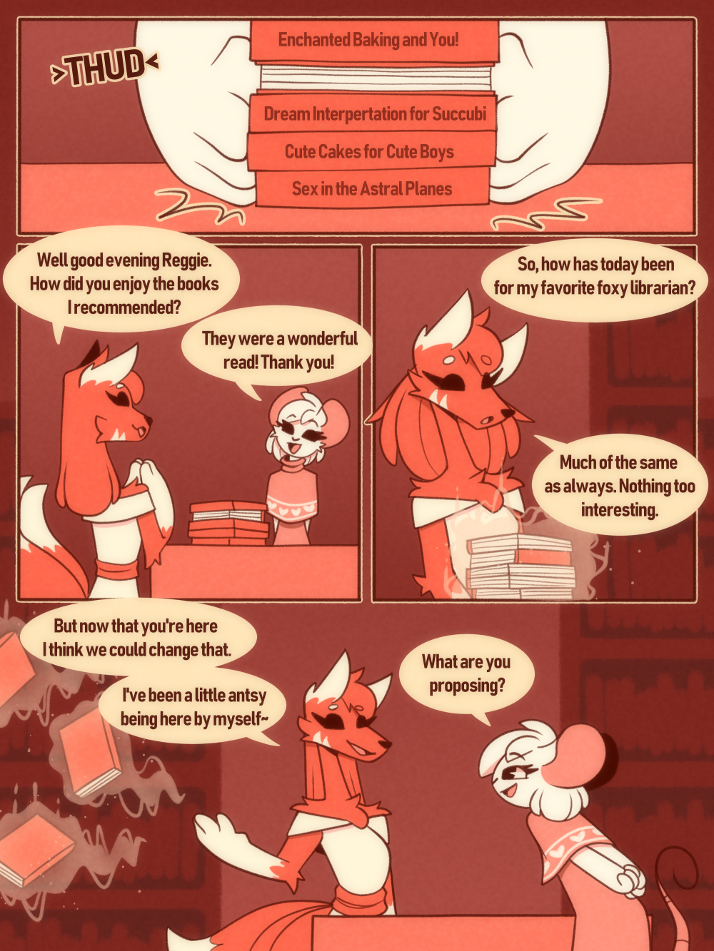 ambiguous_gender anthro book canid canine comic conditional_dnp duo female fox hi_res library magic mammal mouse murid murine reggie_(whygena) rodent shannon_(whygena) whygena