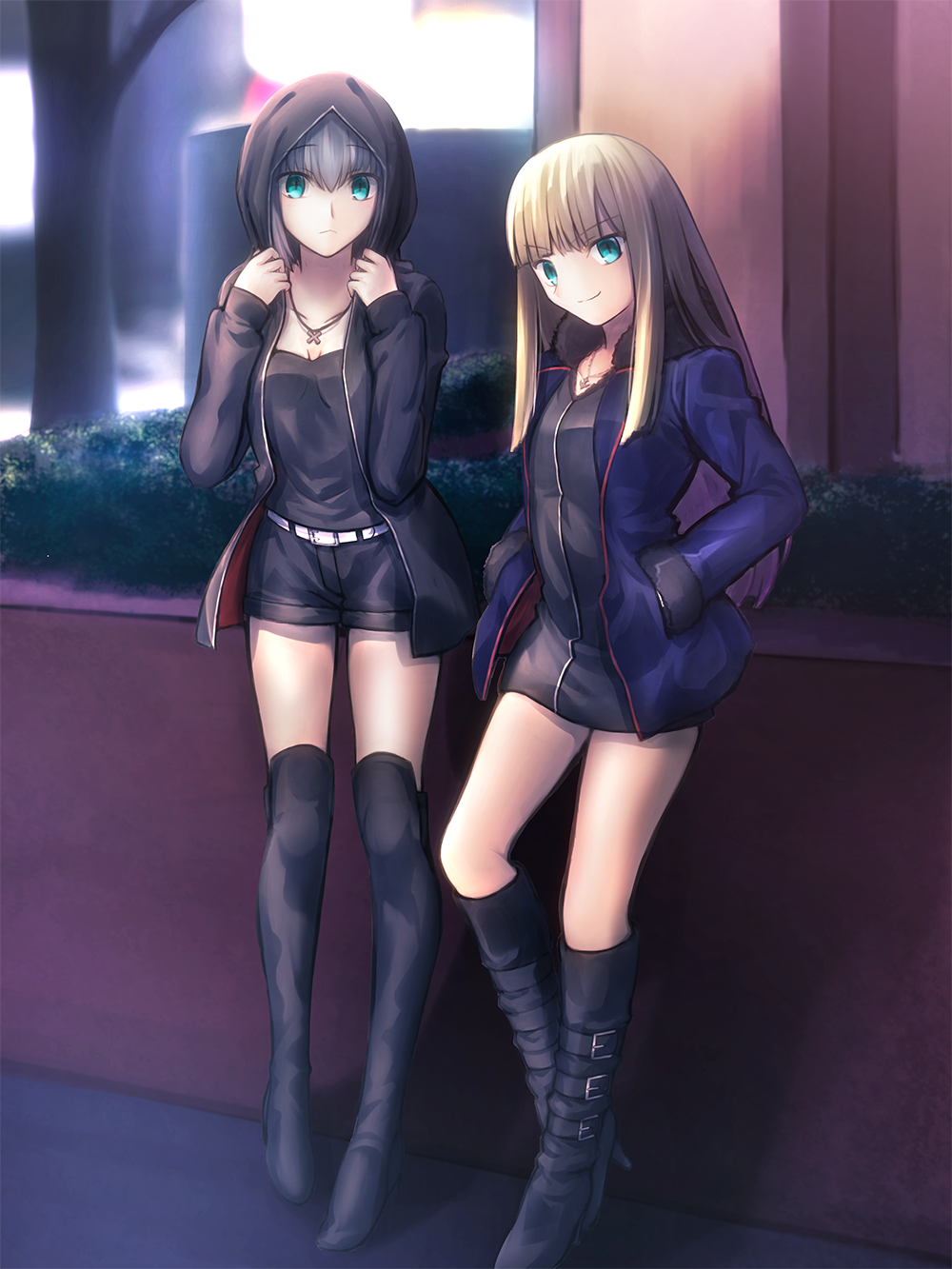 2girls artoria_pendragon_(fate) bangs belt blonde_hair blunt_bangs commentary_request cosplay fate/grand_order fate_(series) gray_(fate) grey_hair hands_in_pockets highres hood hoodie jeanne_d'arc_(alter)_(fate) jeanne_d'arc_(alter)_(fate)_(cosplay) jeanne_d'arc_(fate) jet_black_king_of_knights_ver._shinjuku_1999 kneehighs lord_el-melloi_ii_case_files migiha multiple_girls reines_el-melloi_archisorte revision saber_alter saber_alter_(cosplay) smile tank_top thighhighs thighs wicked_dragon_witch_ver._shinjuku_1999