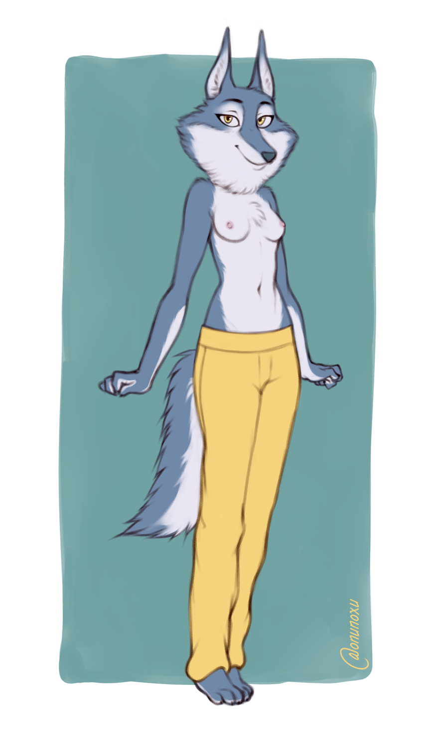 anthro blue_body blue_fur bottomwear canid canine canis clothed clothing feet female fur hi_res illumination_entertainment looking_at_viewer mammal neck_tuft nipples noxu pants porsha_crystal simple_background sing_(movie) solo topless tuft wolf yellow_eyes