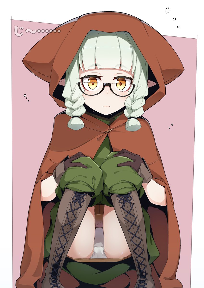 1girl animal_ears animal_hood ass bangs black-framed_eyewear braid brown_cloak brown_eyes brown_skirt cloak closed_mouth commentary_request elf eyebrows_visible_through_hair fake_animal_ears glasses green_hair green_skirt highres hood hood_up hooded_cloak looking_at_viewer ogami_kazuki original panties pink_background pointy_ears semi-rimless_eyewear sidelocks skirt solo thick_eyebrows twin_braids two-tone_background under-rim_eyewear underwear white_background white_panties