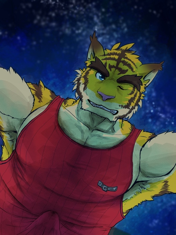 anthro big_muscles blue_eyes clothed clothing erection erection_under_clothing felid looking_at_viewer male mammal morenatsu muscular night pantherine shirt sky smile solo star tank_top tiger topwear torahiko_(morenatsu) video_games visual_novel zwoelf_wolfes