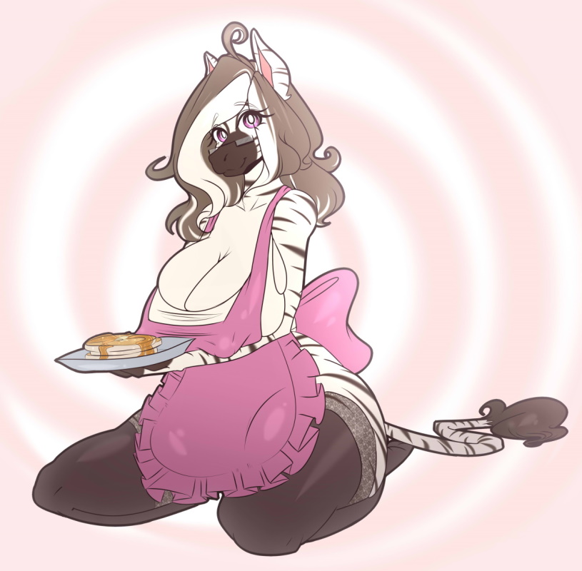 anthro apron black_hair breasts cleavage clothed clothing equid equine erect_nipples eyewear female food glasses hair hazelkisses lace looking_at_viewer mammal nipples pancake pink_eyes sitting white_hair xelly_zebra zebra