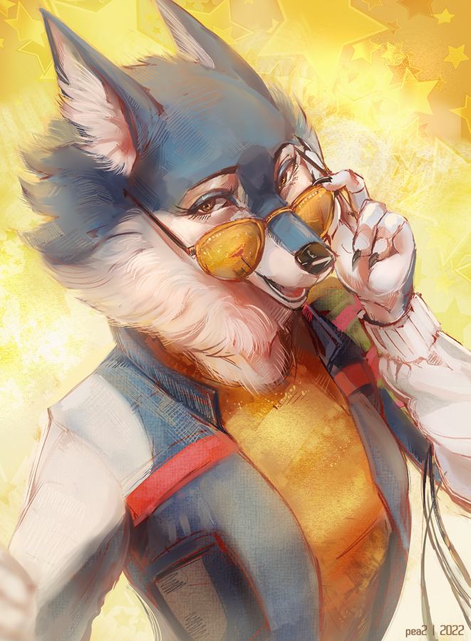 adjusting_glasses anthro arctic_wolf canid canine canis clothing eyewear female illumination_entertainment jacket looking_at_viewer mammal pattern_clothing pea2 peatoo portrait sing_(movie) solo star striped_clothing stripes sunglasses three-quarter_portrait topwear torso_shot wolf