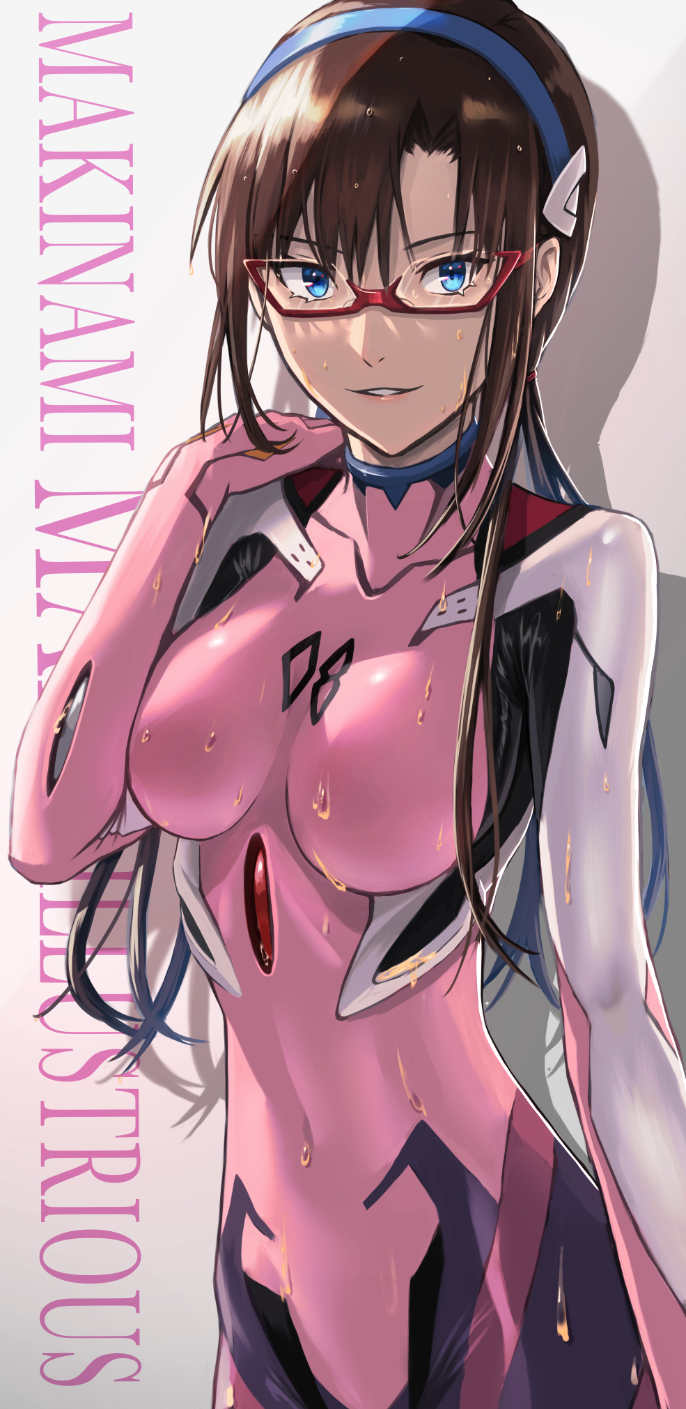 1girl @acchom_zatta blue_eyes blue_hairband bodysuit breasts breasts_apart brown_hair character_name covered_navel glasses grin hairband highres long_hair looking_at_viewer makinami_mari_illustrious medium_breasts neon_genesis_evangelion pink_bodysuit plugsuit rebuild_of_evangelion red-framed_eyewear semi-rimless_eyewear shiny shiny_hair smile solo under-rim_eyewear wet wet_hair