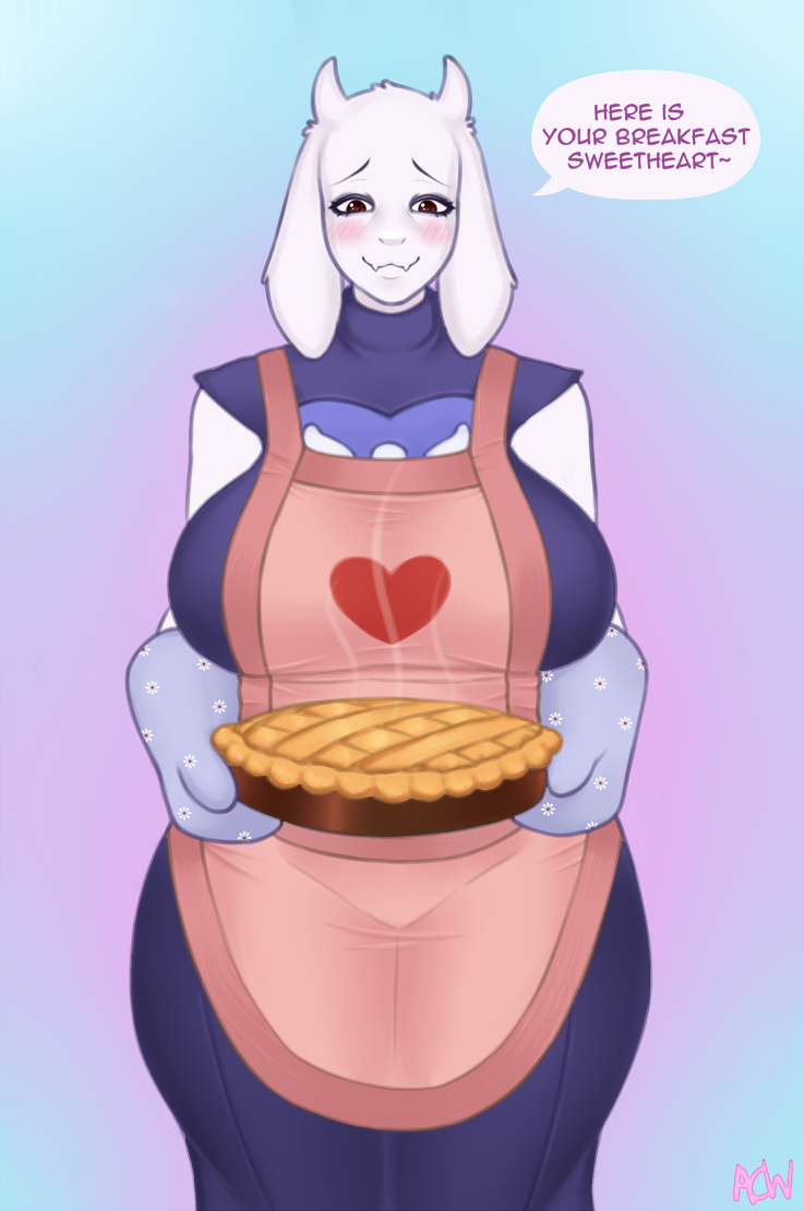 acw anthro apron big_breasts bovid breasts clothing dessert dialogue female food gloves handwear huge_breasts looking_at_viewer mammal pie simple_background smile solo speech_bubble toriel undertale_(series) wide_hips
