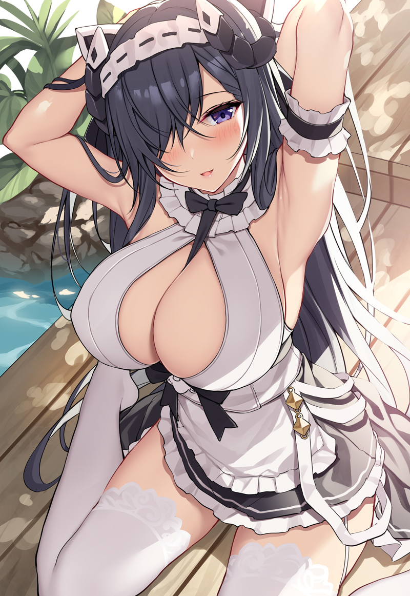 1girl alternate_costume apron arm_strap armpits arms_up august_von_parseval_(azur_lane) august_von_parseval_(the_conquered_unhulde)_(azur_lane) azur_lane bangs between_breasts black_hair blue_eyes blush breasts cleavage_cutout clothing_cutout commentary_request cross-laced_dress curled_horns enmaided hair_over_one_eye headdress horns indoors kneeling large_breasts long_hair looking_at_viewer maid mechanical_horns neck_ribbon no_shoes official_alternate_costume on_floor one_eye_covered parted_lips plant ribbon sitting sleeveless smile solo strap_between_breasts thighhighs thighs underboob_cutout very_long_hair waist_apron wariza water white_apron white_garter_straps white_headwear white_legwear wooden_floor xe_(execut3r)