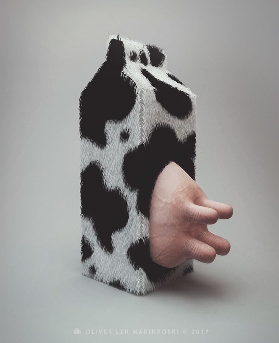 2017 bovid bovine cattle dairy_cow dairy_products food grey_background holstein_friesian_cattle mammal milk milk_carton nipples oliver_ler_marinkoski shadow signature simple_background surreal surrealism teats udders what what_has_art_done why