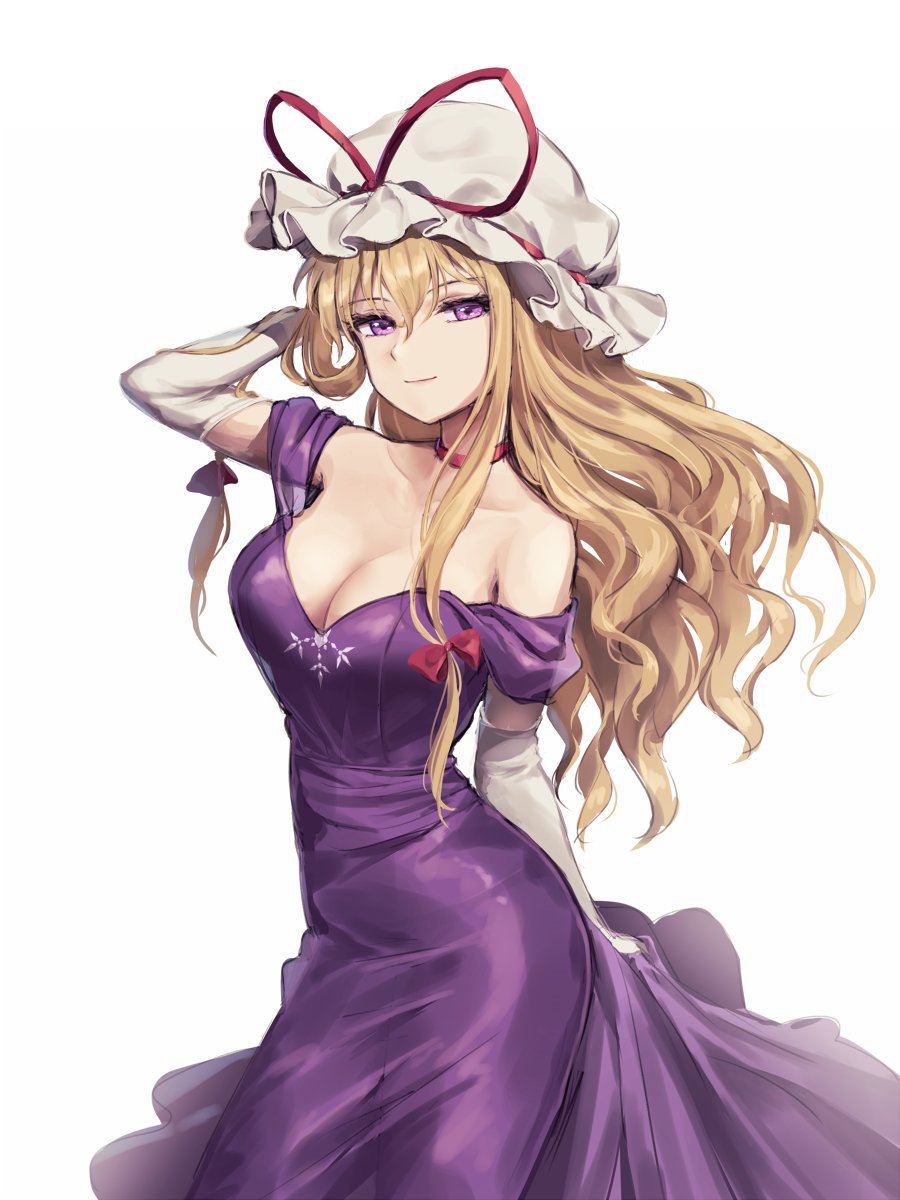 1girl arm_up arms_behind_head bangs banned_artist blonde_hair blush breasts choker cleavage collarbone commentary_request dress elbow_gloves eyelashes gloves hair_ribbon hand_in_hair hat hat_ribbon highres long_hair looking_at_viewer minust mob_cap off-shoulder_dress off_shoulder open_mouth purple_dress purple_eyes red_choker ribbon ribbon_choker sidelocks simple_background smile solo standing touhou tress_ribbon wavy_hair white_background white_gloves white_headwear yakumo_yukari