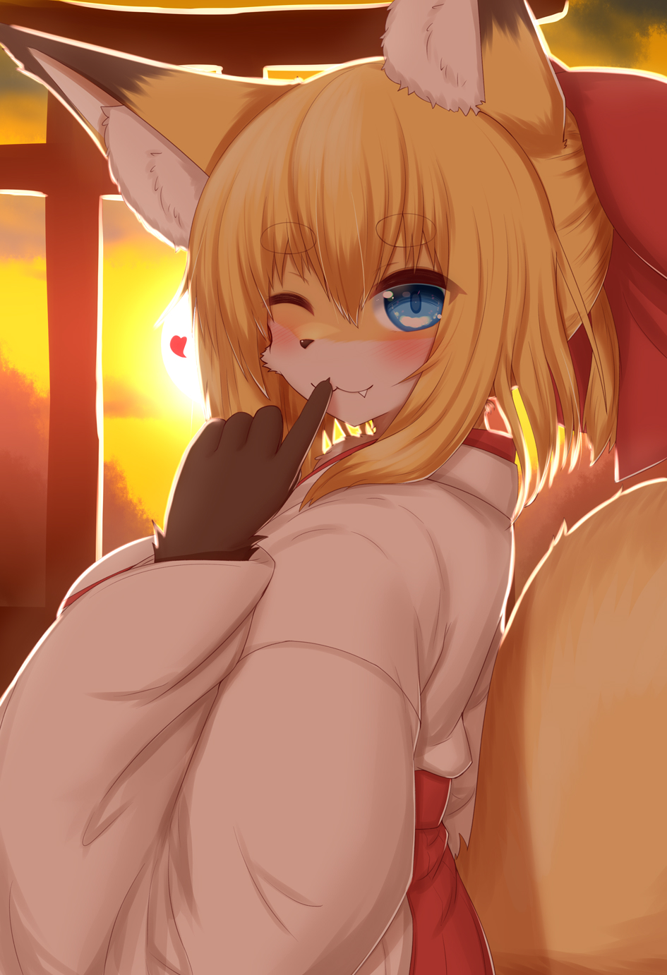 &lt;3 2022 5_fingers accessory anthro asian_clothing blonde_hair blue_eyes blush bottomwear brown_body brown_fur canid canine cheek_tuft chest_tuft claws clothed clothing cute_fangs dipstick_ears east_asian_clothing eyebrow_through_hair eyebrows facial_tuft female finger_claws fingers fluffy fluffy_tail fox fur hair hair_accessory hair_ribbon hakama half-length_portrait hi_res horokusa0519 japanese_clothing kemono looking_at_viewer looking_back mammal miko_outfit multicolored_body multicolored_ears multicolored_fur one_eye_closed outside portrait ribbons shrine_maiden solo thick_eyebrows torii translated_description translucent translucent_hair tuft white_body white_fur wink yellow_body yellow_fur