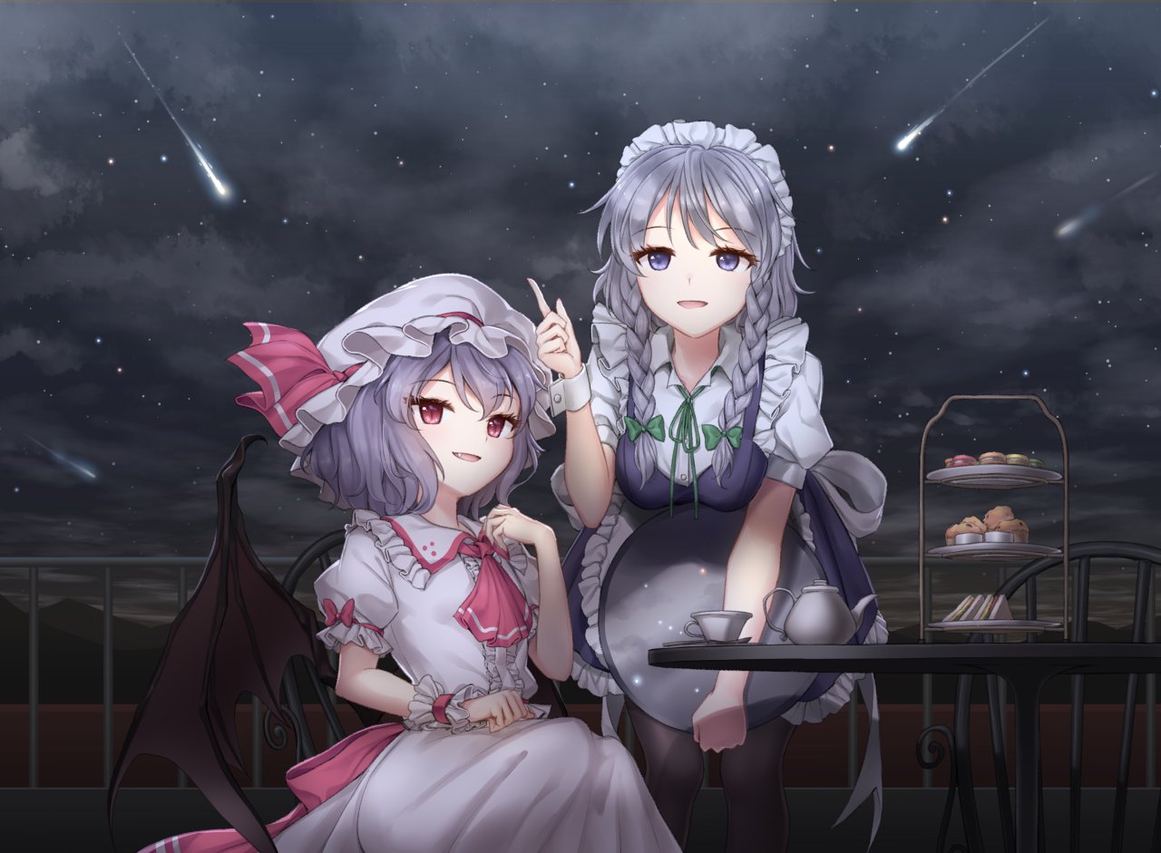 2girls apron ascot bangs banned_artist bat_wings blue_eyes blush bow braid collared_shirt cup dress eyelashes green_ribbon hair_ribbon hat hat_bow headdress holding holding_tray izayoi_sakuya maid maid_apron maid_headdress medium_hair minust multiple_girls night open_mouth pink_dress pointing puffy_short_sleeves puffy_sleeves purple_hair railing red_ascot red_bow red_eyes remilia_scarlet ribbon shirt shooting_star short_hair short_sleeves sidelocks silver_hair sitting standing symbol-only_commentary table teacup teapot touhou tray tress_ribbon twin_braids white_shirt wing_collar wings wrist_cuffs