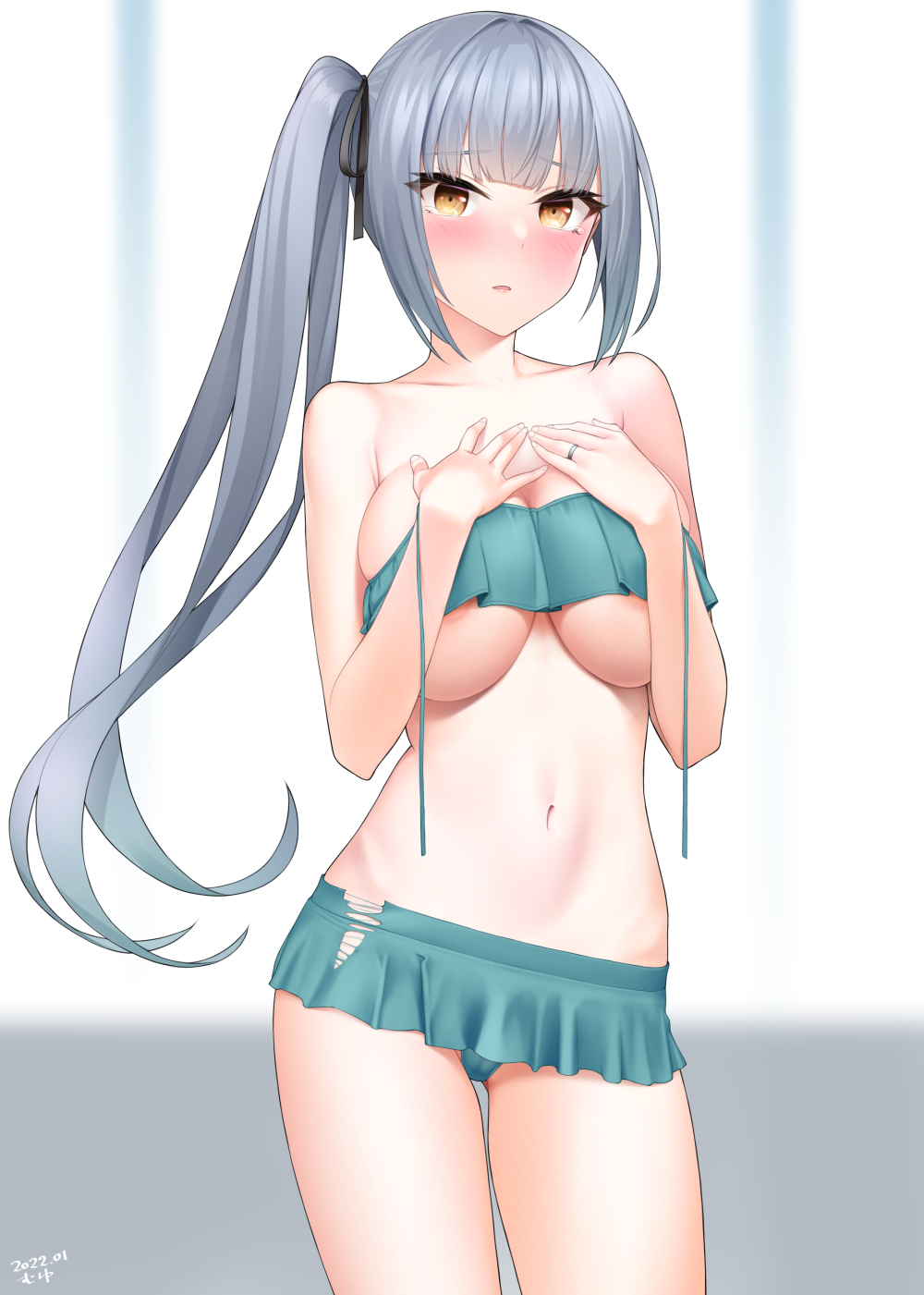 1girl aqua_bikini areola_slip areolae bangs bikini black_ribbon blunt_bangs breasts collarbone commentary_request dated eyebrows_visible_through_hair frilled_bikini frills grey_hair hair_ribbon highres jewelry kantai_collection kanzaki_muyu kasumi_(kancolle) large_breasts long_hair looking_at_viewer navel ribbon ring side_ponytail solo standing swimsuit thighs yellow_eyes
