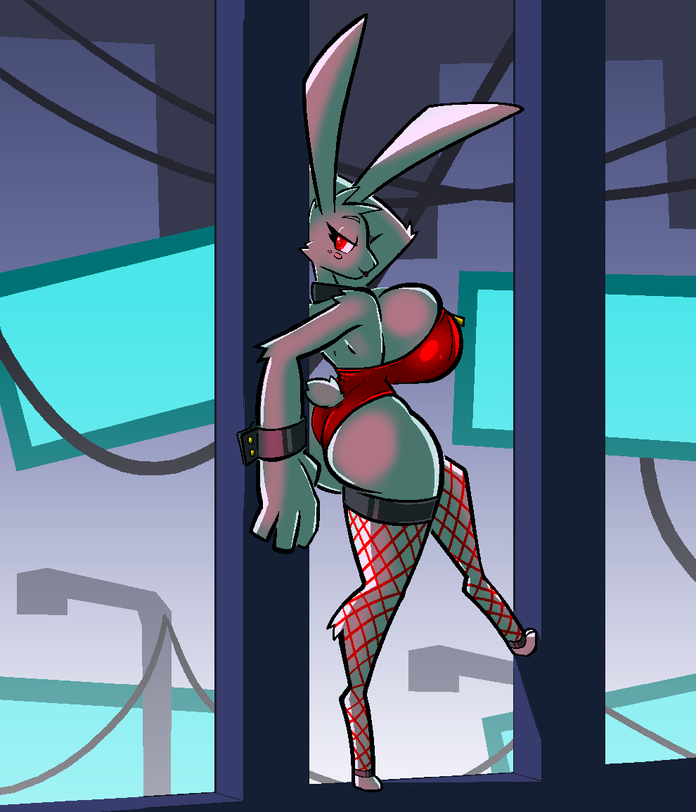 anthro aygee big_breasts breasts clothing female fishnet fishnet_legwear fur huge_breasts lagomorph legwear leotard leporid looking_back mammal rabbit red_eyes solo spandex thick_thighs thigh_highs tight_clothing white_body white_fur